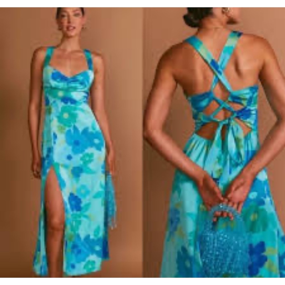 Show me your MuMu Mina midi dress‎ real green blue floral flower medium satin